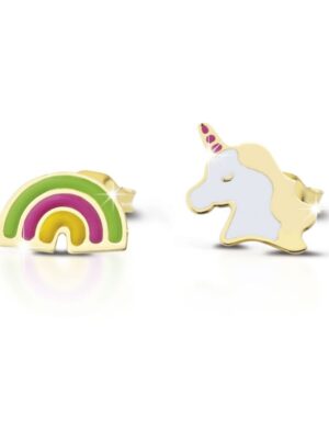 ORECCHINO IN ORO GIALLO CON UNICORNO E ARCOBALENO CON SMALTO COLORATO